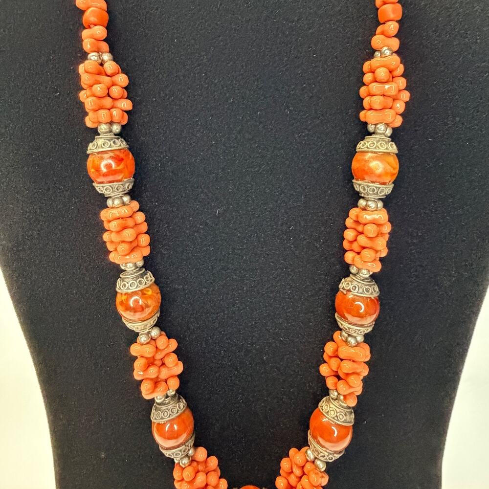 Vintage Tribal Faux Coral & Carnelian Statement Necklace | Boho Ethnic Beaded - Picture 5 of 14